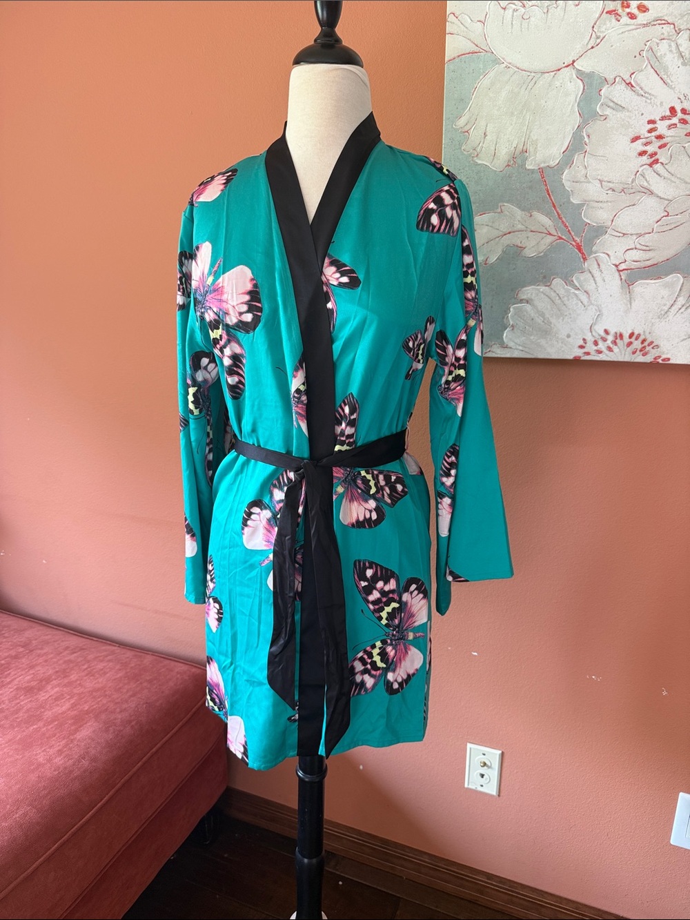 Jezebel Teal Butterfly Short Robe with Black Trim